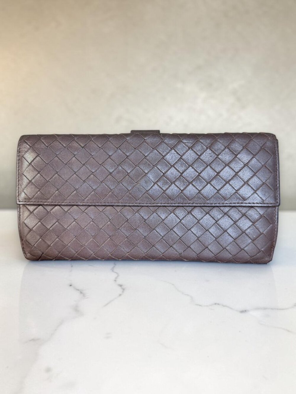 Bottega Veneta Vintage Intrecciato Lambskin Brown Leather Long Wallet with COA